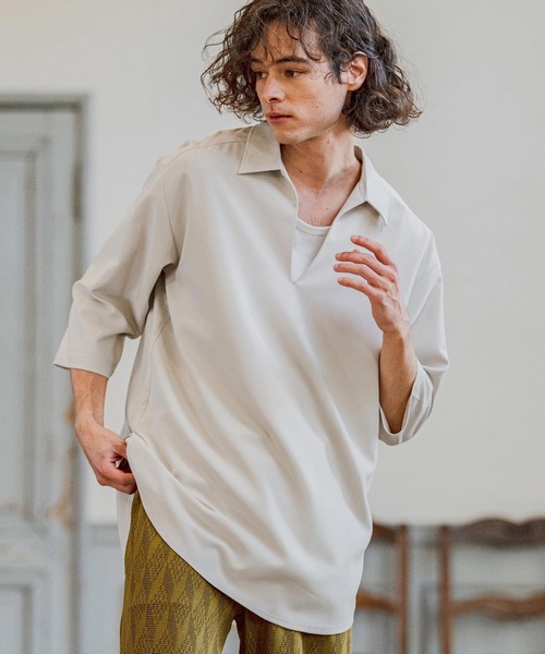 CAMBIO（カンビオ）の「ms6421-Stretch Tropical Skipper 3-4 Sleeve Pullover Shirts 七分袖プルオーバーシャツ(S67526cmb)（シャツ/ブラウス・メンズ・キナリ/ブラック/チャコール/ダークベージュ・S/M/L）」の5枚目の写真