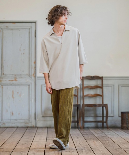 CAMBIO（カンビオ）の「ms6421-Stretch Tropical Skipper 3-4 Sleeve Pullover Shirts 七分袖プルオーバーシャツ(S67526cmb)（シャツ/ブラウス・メンズ・キナリ/ブラック/チャコール/ダークベージュ・S/M/L）」の8枚目の写真