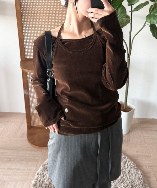 MUHET（ミュエータ）の「【set item】sheer velour long t-shirt & halter neck camisole / シアーベロアロングTシャツ＆ホルターネックキャミソール（Tシャツ/カットソー・レディース・ライトブルー/アイボリー/ブラウン/ネイビー/ピンク・FREE）」の3枚目の写真