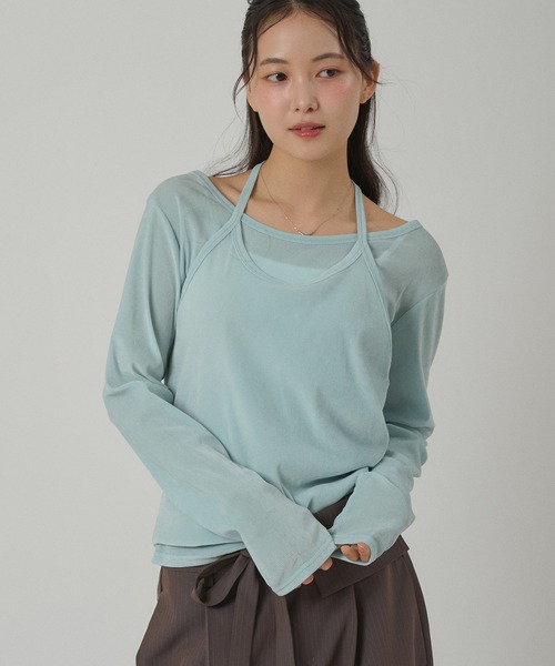 MUHET（ミュエータ）の「【set item】sheer velour long t-shirt & halter neck camisole / シアーベロアロングTシャツ＆ホルターネックキャミソール（Tシャツ/カットソー・レディース・ライトブルー/アイボリー/ブラウン/ネイビー/ピンク・FREE）」の4枚目の写真