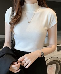 ＼柔らかニットの肌触り♪／ベーシック ハーフスリーブ モックネックサマーニット
