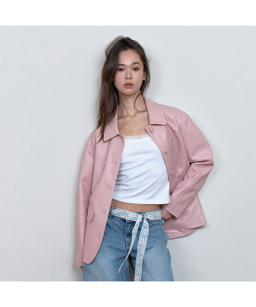 CURETTY(キュリティ)の「C ROSE-STITCH LEATHER JACKET_PINK(ライダースジャケット・レディース・PINK・SMALL)」の1枚目の写真