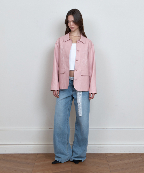CURETTY(キュリティ)の「C ROSE-STITCH LEATHER JACKET_PINK(ライダースジャケット・レディース・PINK・SMALL)」の3枚目の写真