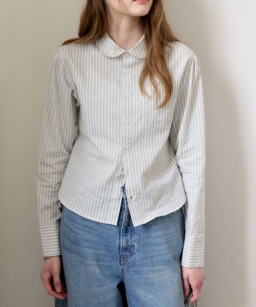 GIUNON（ジウノン）の「round collar stripe shirt / ラウンドカラーストライプシャツ（シャツ/ブラウス・レディース・アイボリー/ブルー・FREE）」の16枚目の写真