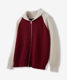 ショールカラー レグラン ニットジップアップ_ディープレッド
