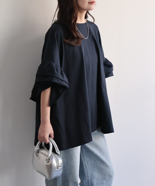 ap retro(アプレトロ)の「【高見え上質コットン】フリルフレアスリーブ デザイントップス(Tシャツ/カットソー・レディース・ネイビー/ホワイト/ブラウン/ブラック・FREE)」の4枚目の写真