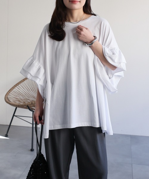 ap retro(アプレトロ)の「【高見え上質コットン】フリルフレアスリーブ デザイントップス(Tシャツ/カットソー・レディース・ネイビー/ホワイト/ブラウン/ブラック・FREE)」の5枚目の写真