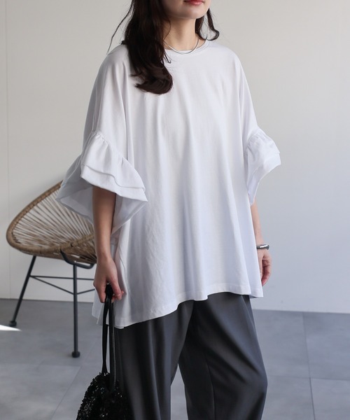 ap retro(アプレトロ)の「【高見え上質コットン】フリルフレアスリーブ デザイントップス(Tシャツ/カットソー・レディース・ネイビー/ホワイト/ブラウン/ブラック・FREE)」の7枚目の写真