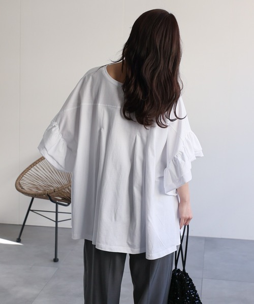 ap retro(アプレトロ)の「【高見え上質コットン】フリルフレアスリーブ デザイントップス(Tシャツ/カットソー・レディース・ネイビー/ホワイト/ブラウン/ブラック・FREE)」の13枚目の写真