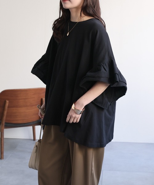 ap retro(アプレトロ)の「【高見え上質コットン】フリルフレアスリーブ デザイントップス(Tシャツ/カットソー・レディース・ネイビー/ホワイト/ブラウン/ブラック・FREE)」の21枚目の写真