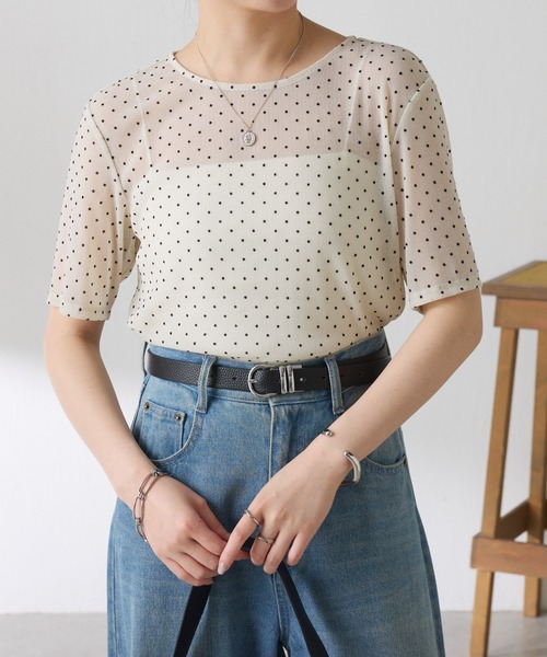 COLLAGE GALLARDAGALANTE(コラージュガリャルダガランテ)の「ドットチュールシアーTシャツ/WEB限定(Tシャツ/カットソー・レディース・オフホワイト/ブラック・FREE)」の4枚目の写真