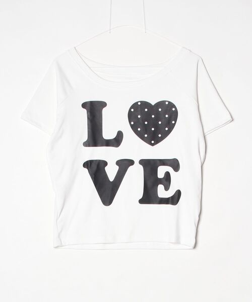 gossip!ロサンゼルス(ゴシップロサンゼルス)の「Y2K LOVEドットロゴワンショルダーTシャツ オフショルダー トップス 韓国風(Tシャツ/カットソー・レディース・ホワイト/ブラック・M)」の4枚目の写真