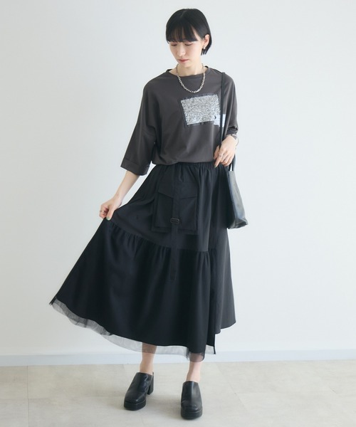 Paradise Picnic（パラダイスピクニック）の「33℃ スパンコールキラキラTシャツ（Tシャツ/カットソー・レディース・チャコールグレー/ブラック/ホワイト・FREE）」の8枚目の写真