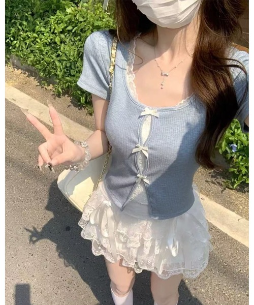 STAY MOTION（ステイモーション）の「【WEB限定】フロントリボンレース付き半袖カットソー［韓国ファッション/ガーリー］（Tシャツ/カットソー・レディース・グレー/ブルー・F）」の3枚目の写真