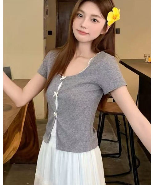 STAY MOTION（ステイモーション）の「【WEB限定】フロントリボンレース付き半袖カットソー［韓国ファッション/ガーリー］（Tシャツ/カットソー・レディース・グレー/ブルー・F）」の5枚目の写真