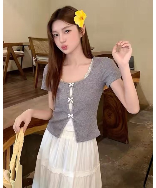 STAY MOTION（ステイモーション）の「【WEB限定】フロントリボンレース付き半袖カットソー［韓国ファッション/ガーリー］（Tシャツ/カットソー・レディース・グレー/ブルー・F）」の6枚目の写真