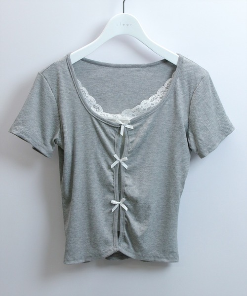 STAY MOTION（ステイモーション）の「【WEB限定】フロントリボンレース付き半袖カットソー［韓国ファッション/ガーリー］（Tシャツ/カットソー・レディース・グレー/ブルー・F）」の8枚目の写真