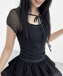 ドット柄フロントリボンシアーTシャツ