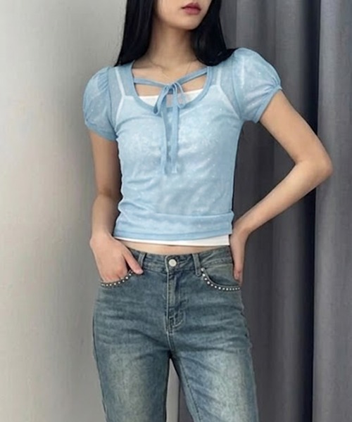 core core(コアコア)の「ドット柄フロントリボンシアーTシャツ(Tシャツ/カットソー・レディース・ベージュ/ブラック/ブルー・FREE)」の14枚目の写真