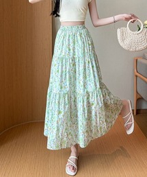 プリント ウエストゴム フレア ロングスカート