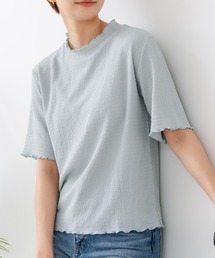 【C-FORTPOINT/フォートポイント】【ひんやり接触冷感 二の腕カバー】カット楊柳 ハイネック5分袖Tシャツ 体型カバー 着痩せ きれいめ カジュアル 涼しい