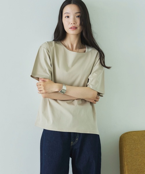 Doux archives(ドゥアルシーヴ)の「【吸湿透気】ボートネック半袖プルオーバー(Tシャツ/カットソー・レディース・モカ/グレイッシュベージュ/ブラック・FREE)」の13枚目の写真