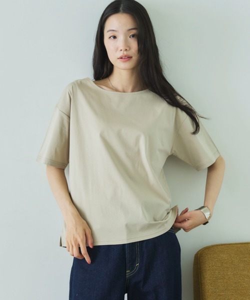 Doux archives(ドゥアルシーヴ)の「【吸湿透気】ボートネック半袖プルオーバー(Tシャツ/カットソー・レディース・モカ/グレイッシュベージュ/ブラック・FREE)」の15枚目の写真
