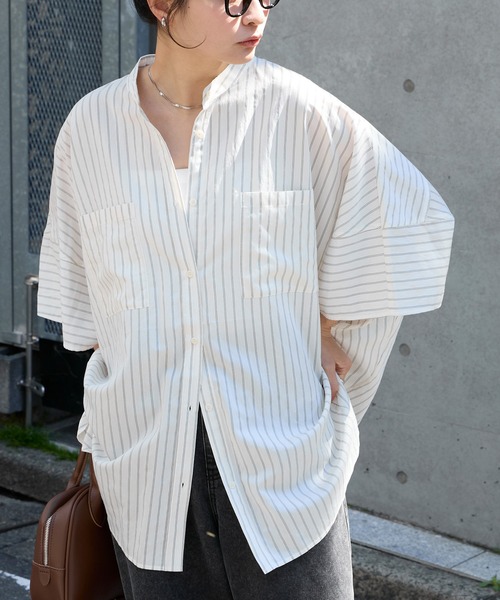 UVカット＞ゆるっとドルマンスリーブ オーバーサイズ ノーカラーシャツ
