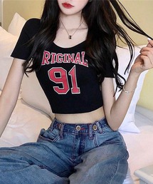 【EIZZ/アイズ】ORIGINAL 91 ナンバリング クロップド Tシャツ / 深Uネック / オフショル風