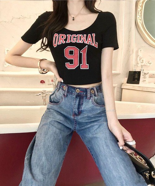 VIBGYOR（ヴィブジョー）の「【EIZZ/アイズ】ORIGINAL 91 ナンバリング クロップド Tシャツ / 深Uネック / オフショル風（Tシャツ/カットソー・レディース・ホワイト/ブラック・FREE）」の10枚目の写真