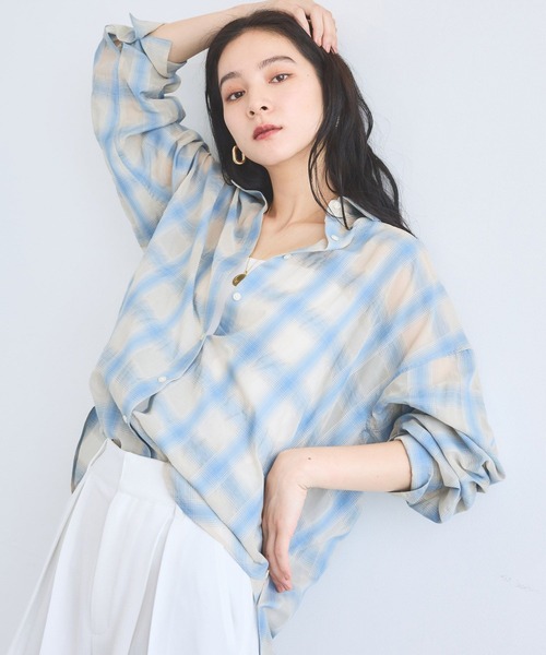 BARNYARDSTORM(バンヤードストーム)の「【先行予約】シアーチェックシャツ / JAPAN FABRIC【WEB限定カラー】(シャツ/ブラウス・レディース・ライトブルー/ベージュ/ブラウン/ブラック・S/M)」の4枚目の写真