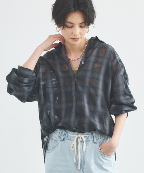 BARNYARDSTORM(バンヤードストーム)の「【先行予約】シアーチェックシャツ / JAPAN FABRIC【WEB限定カラー】(シャツ/ブラウス・レディース・ライトブルー/ベージュ/ブラウン/ブラック・S/M)」の2枚目の写真