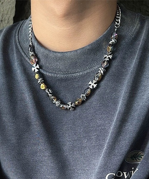 Bz】EK602/シルバークロス＆カラーストーンネックレス/メンズ(NEZ
