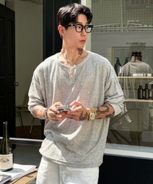 【NOWLE】ルーズシルエット ヘンリーネック リブ ロングスリーブ Tシャツ / メランジ シアー ロンT