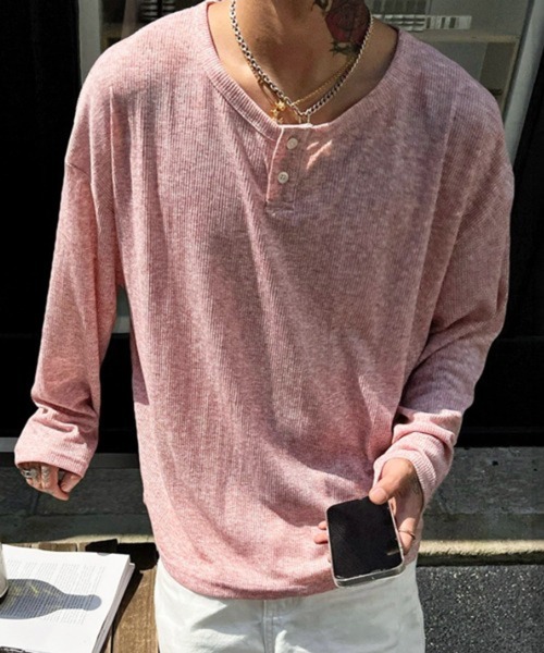 NOWLE(ノウル)の「【NOWLE】ルーズシルエット ヘンリーネック リブ ロングスリーブ Tシャツ / メランジ シアー ロンT(Tシャツ/カットソー・メンズ・ピンク/グレー/ブラック・X-LARGE/LARGE/MEDIUM)」の3枚目の写真