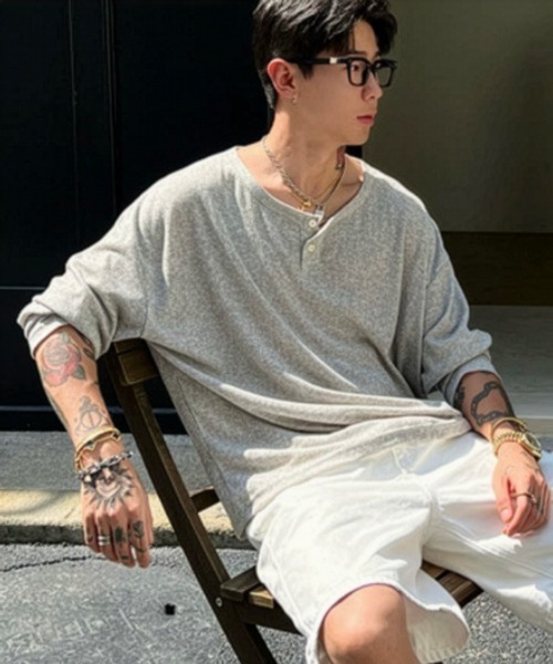 NOWLE(ノウル)の「【NOWLE】ルーズシルエット ヘンリーネック リブ ロングスリーブ Tシャツ / メランジ シアー ロンT(Tシャツ/カットソー・メンズ・ピンク/グレー/ブラック・X-LARGE/LARGE/MEDIUM)」の5枚目の写真