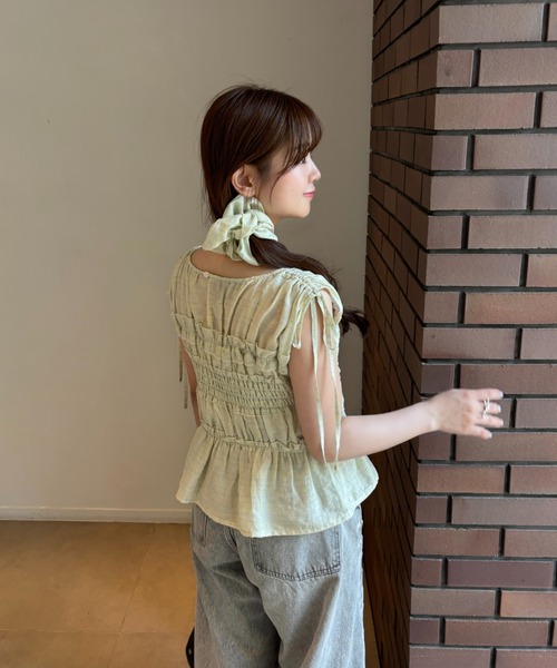 mellowneon(メロウネオン)の「チェックギャザーフリルブラウス&シュシュセット(シャツ/ブラウス・レディース・ライム/ブルー系その他/ピンク・FREE)」の4枚目の写真