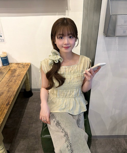mellowneon(メロウネオン)の「チェックギャザーフリルブラウス&シュシュセット(シャツ/ブラウス・レディース・ライム/ブルー系その他/ピンク・FREE)」の5枚目の写真