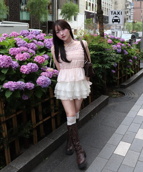 mellowneon(メロウネオン)の「チェックギャザーフリルブラウス&シュシュセット(シャツ/ブラウス・レディース・ライム/ブルー系その他/ピンク・FREE)」の12枚目の写真