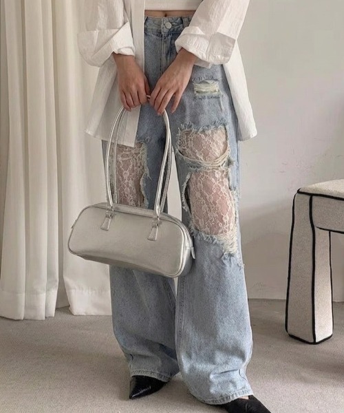 Teem Store（チームストア）の「レース切り替えダメージ加工ストレートデニム（デニムパンツ・レディース・ブルー・M/S）」の2枚目の写真