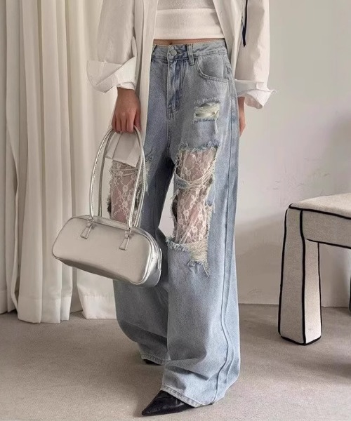 Teem Store（チームストア）の「レース切り替えダメージ加工ストレートデニム（デニムパンツ・レディース・ブルー・M/S）」の3枚目の写真