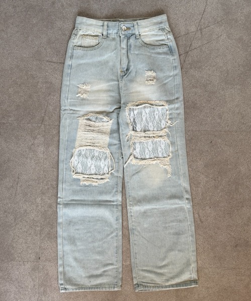 Teem Store（チームストア）の「レース切り替えダメージ加工ストレートデニム（デニムパンツ・レディース・ブルー・M/S）」の6枚目の写真