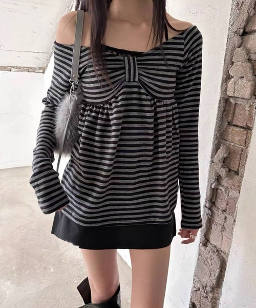 Girly Doll(ガーリードール)の「ボーダーオフショルカットソー(Tシャツ/カットソー・レディース・ブラック/ホワイト・FREE)」の3枚目の写真