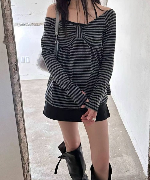 Girly Doll(ガーリードール)の「ボーダーオフショルカットソー(Tシャツ/カットソー・レディース・ブラック/ホワイト・FREE)」の5枚目の写真