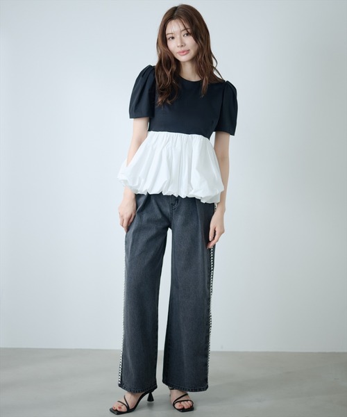 AND COUTURE(アンドクチュール)の「異素材ペプラムトップス(Tシャツ/カットソー・レディース・オフホワイト/ブラック・FREE)」の14枚目の写真