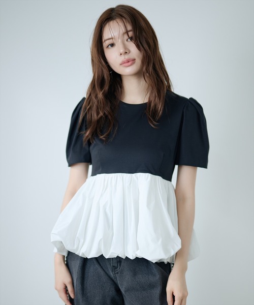 AND COUTURE(アンドクチュール)の「異素材ペプラムトップス(Tシャツ/カットソー・レディース・オフホワイト/ブラック・FREE)」の15枚目の写真
