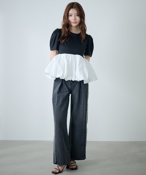 AND COUTURE(アンドクチュール)の「異素材ペプラムトップス(Tシャツ/カットソー・レディース・オフホワイト/ブラック・FREE)」の21枚目の写真