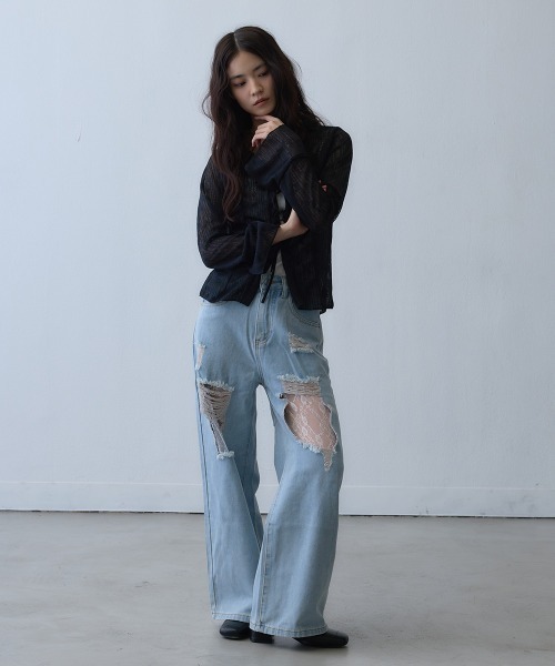 Clum(クルム)の「lace damage wide denim pants / レースダメージワイドデニムパンツ(デニムパンツ・レディース・ライトブルー・SMALL)」の18枚目の写真