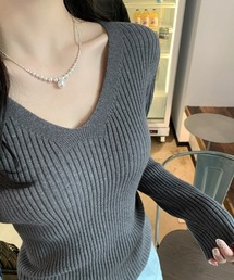 着回し力抜群 Vネックリブニット ベーシック Vネック ニット リブニット 長袖 リブ ストレッチ トップス レイヤード インナー シンプル 秋服 冬服