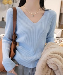 着回し力抜群 Vネックリブニット ベーシック Vネック ニット リブニット 長袖 リブ ストレッチ トップス レイヤード インナー シンプル 秋服 冬服
